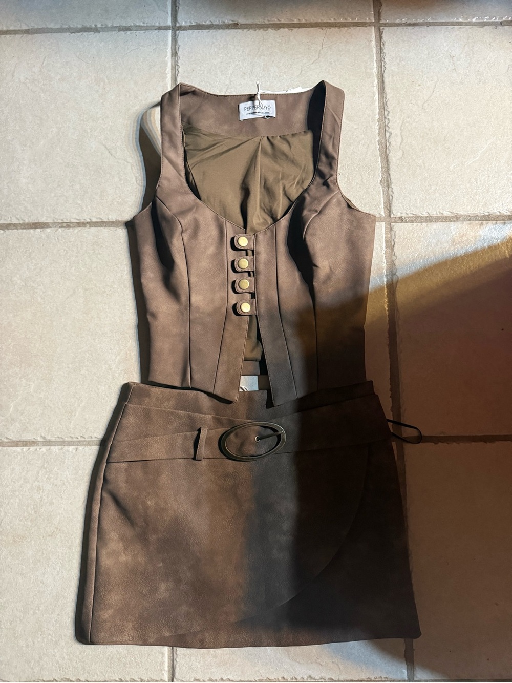 Peppermayo Brown Faux Suede Vest & Skirt Set with Gold Buttons